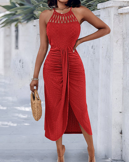 Robe Midi Femme Jacquard Ajouré Col Halter Fente