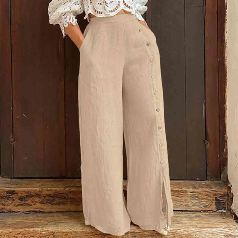 Pantalon Femme Chic avec Boutons Décoratifs