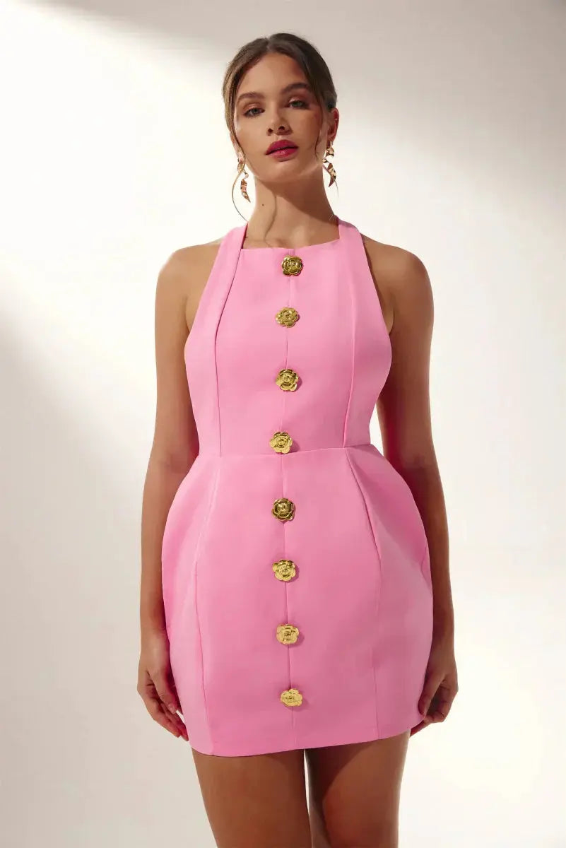 Robe Femme Courte avec Boutons Dorés et Col En V - BerlinGlamour