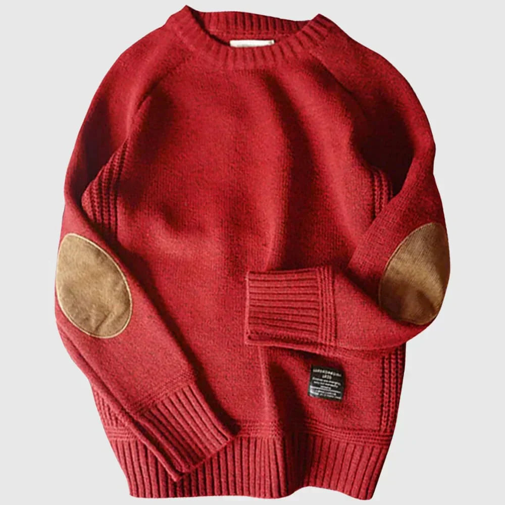 Pull en laine mérinos beige avec détails cuir brun