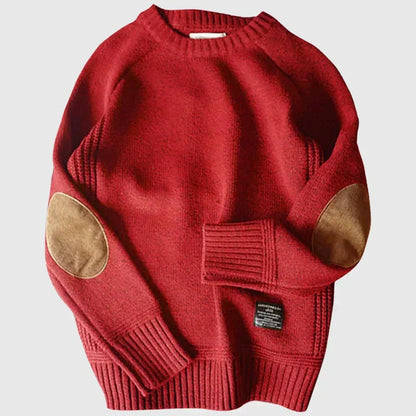 Pull en laine mérinos beige avec détails cuir brun