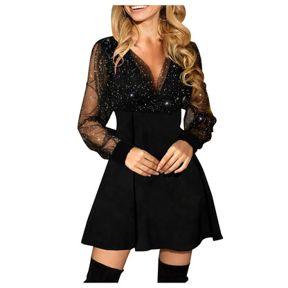 GlamourChic™ – Robe de Soirée Élégante avec Manches Pailletées et Décolleté en V-3