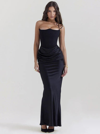 Robe de Soirée Longue Noire Élégante sans Bretelles