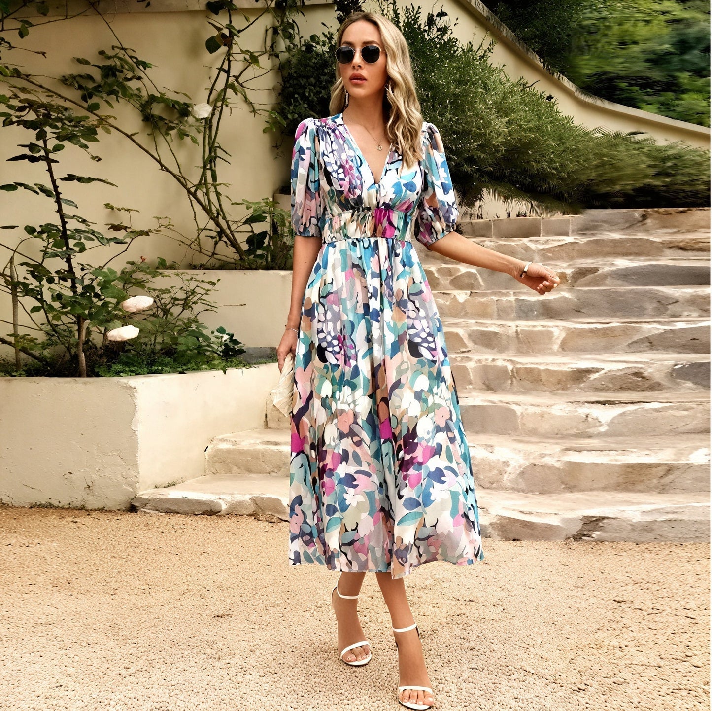 Robe de Soirée Élégante Longue Manches avec Col en V
