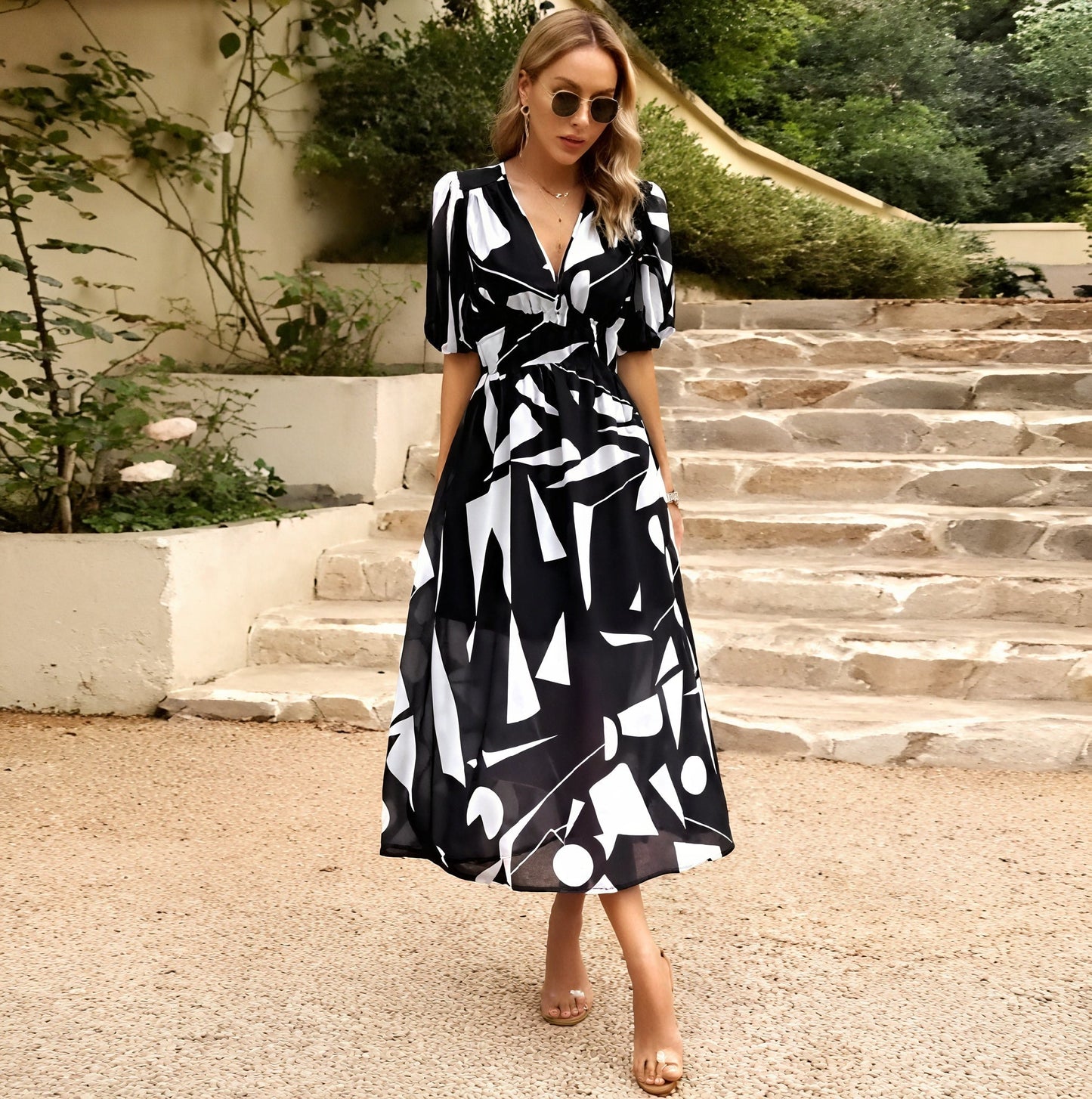 Robe de Soirée Élégante Longue Manches avec Col en V