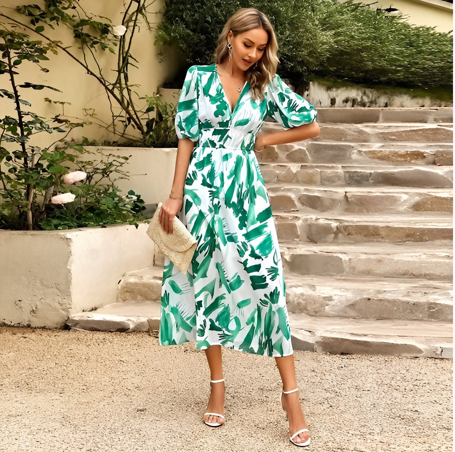 Robe de Soirée Élégante Longue Manches avec Col en V