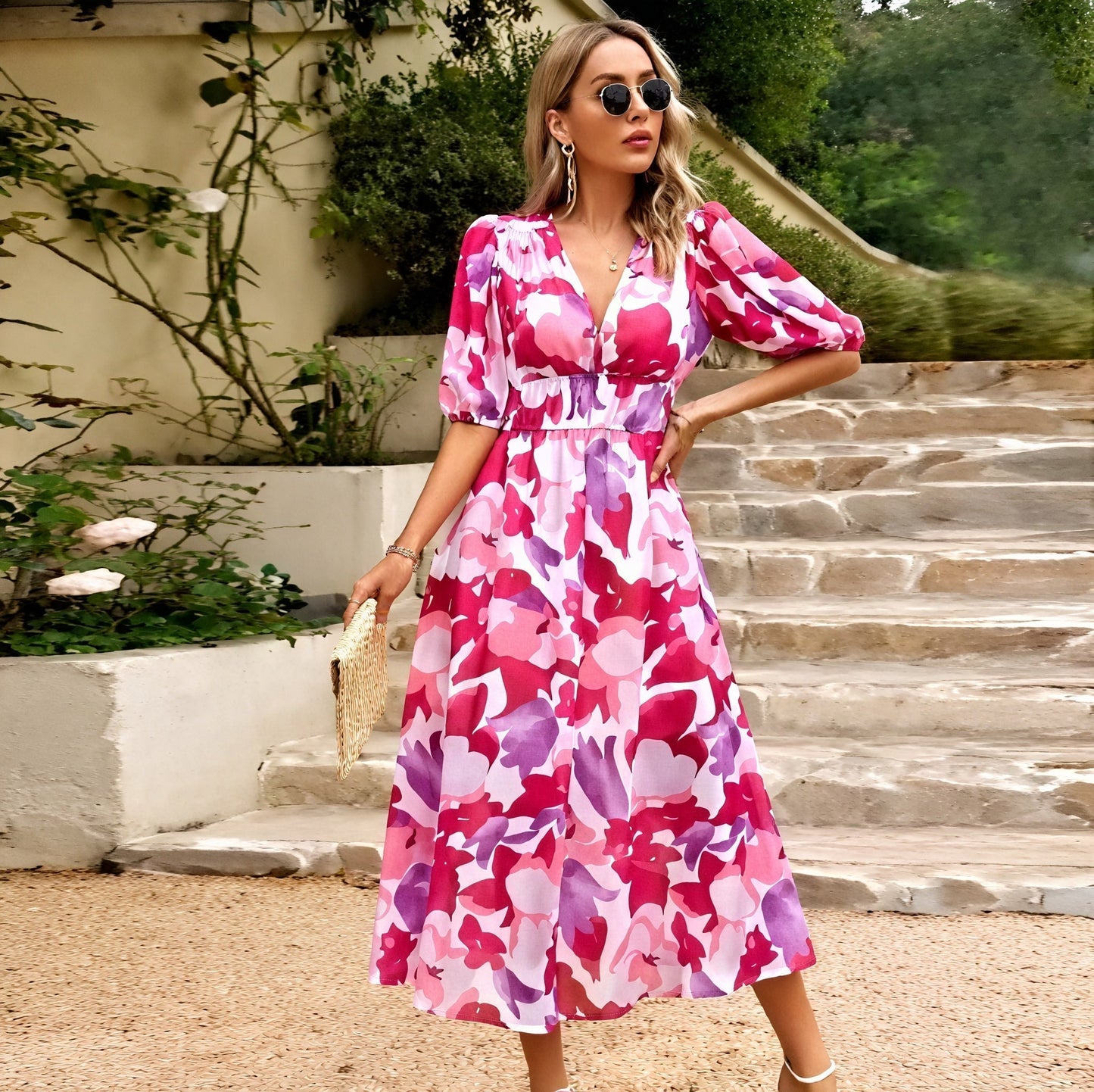 Robe de Soirée Élégante Longue Manches avec Col en V