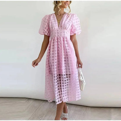 Robe Été Karo Décontractée Dentelle V et Manches Bouffantes