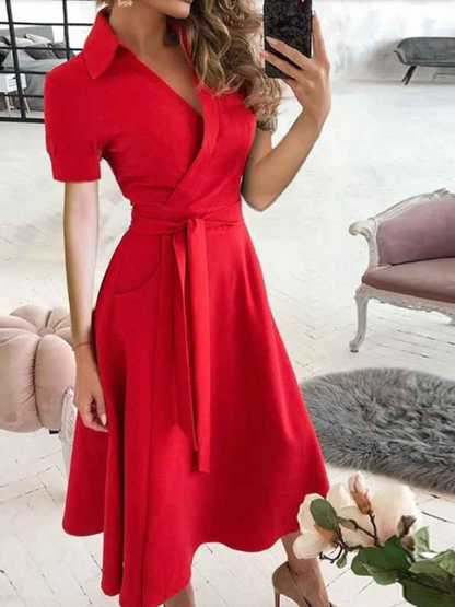 Robe Femme Chic avec Ceinture et Manches Courtes pour Travail ou Loisirs