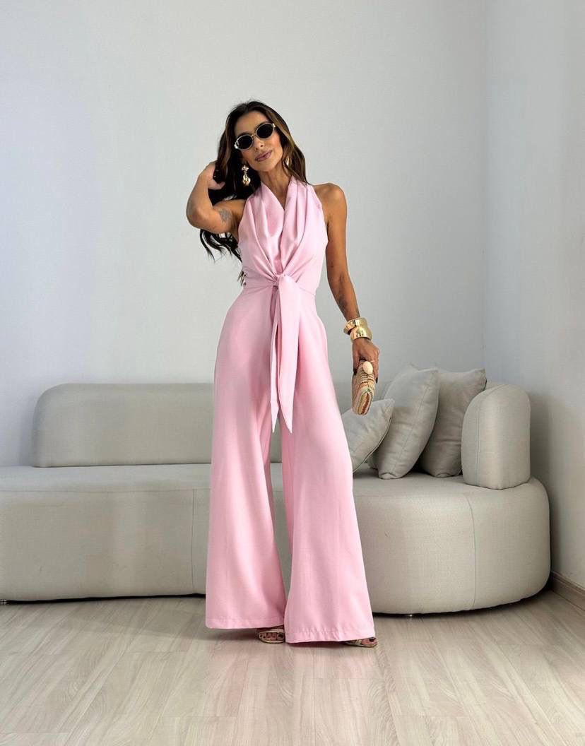 Combinaison Femme Fluide Col Drapé Taille Nouée Coupe Ajustée