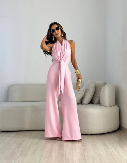 Combinaison Femme Fluide Col Drapé Taille Nouée Coupe Ajustée