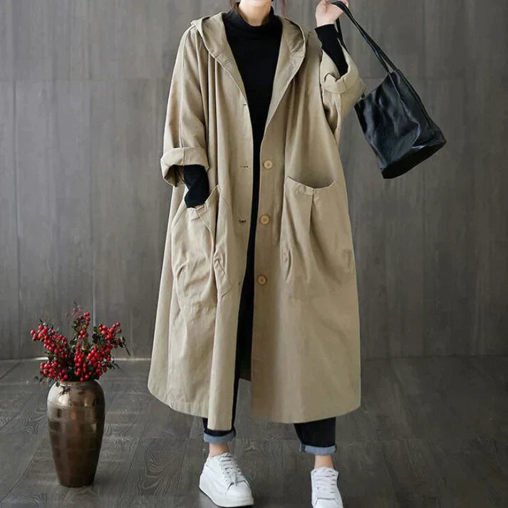 Manteau femme long capuche en coton beige - PanierRoyale