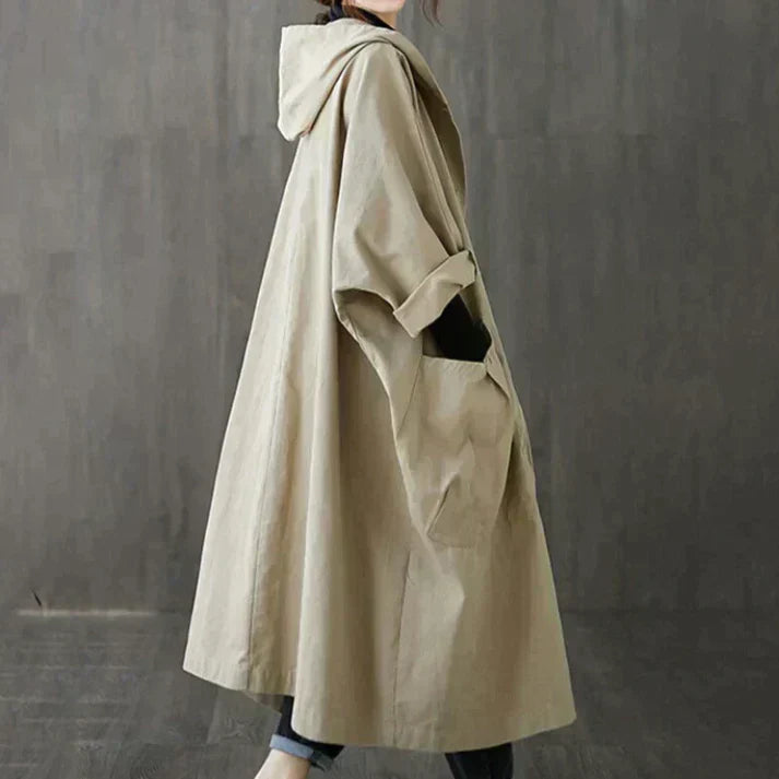 Manteau femme long capuche en coton beige