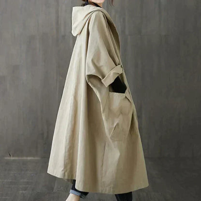 Manteau femme long capuche en coton beige