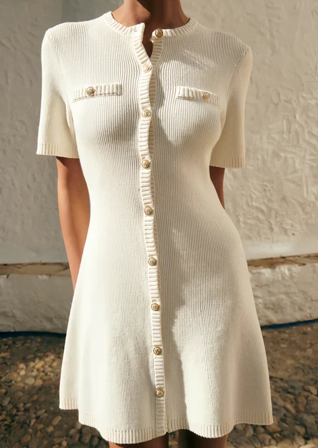 Robe Courte Femme Manches Courtes Boutons Décolleté Élégant