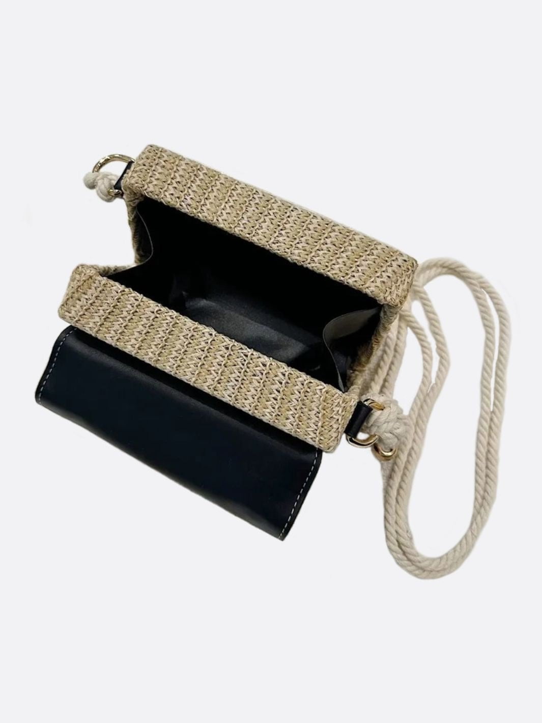 Sac de Paille Femme avec Kaki en Cuir Noir et Bretelle Amovible
