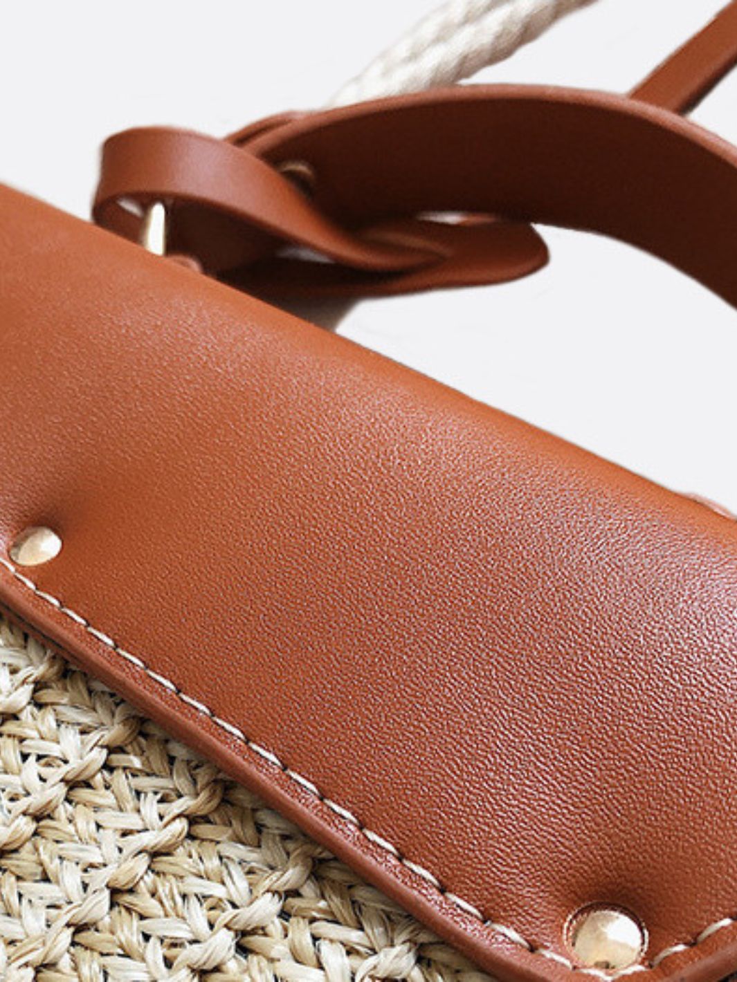 Sac de Paille Femme avec Kaki en Cuir Noir et Bretelle Amovible