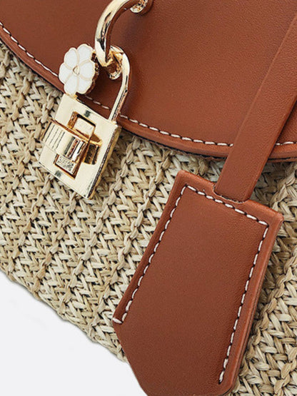 Sac de Paille Femme avec Kaki en Cuir Noir et Bretelle Amovible