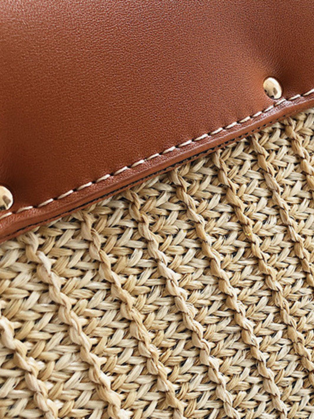 Sac de Paille Femme avec Kaki en Cuir Noir et Bretelle Amovible