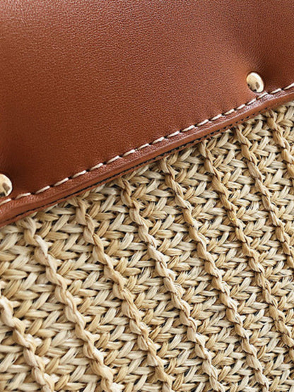 Sac de Paille Femme avec Kaki en Cuir Noir et Bretelle Amovible