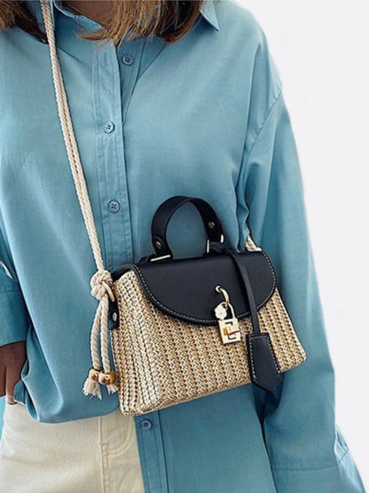 Sac de Paille Femme avec Kaki en Cuir Noir et Bretelle Amovible