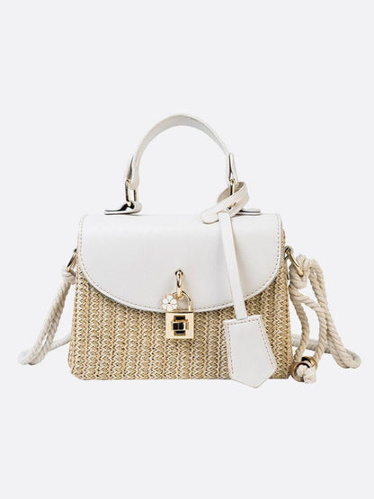 Sac de Paille Femme avec Kaki en Cuir Noir et Bretelle Amovible