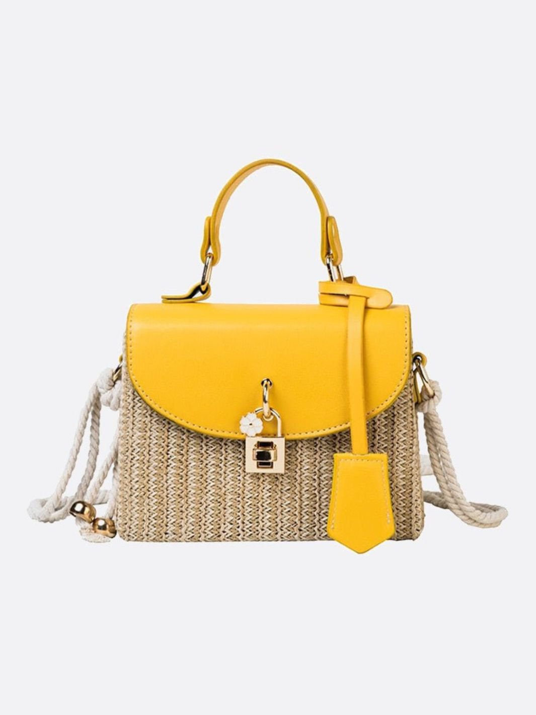 Sac de Paille Femme avec Kaki en Cuir Noir et Bretelle Amovible