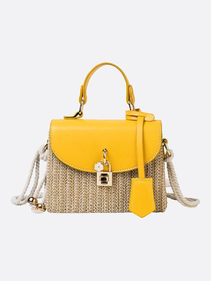 Sac de Paille Femme avec Kaki en Cuir Noir et Bretelle Amovible