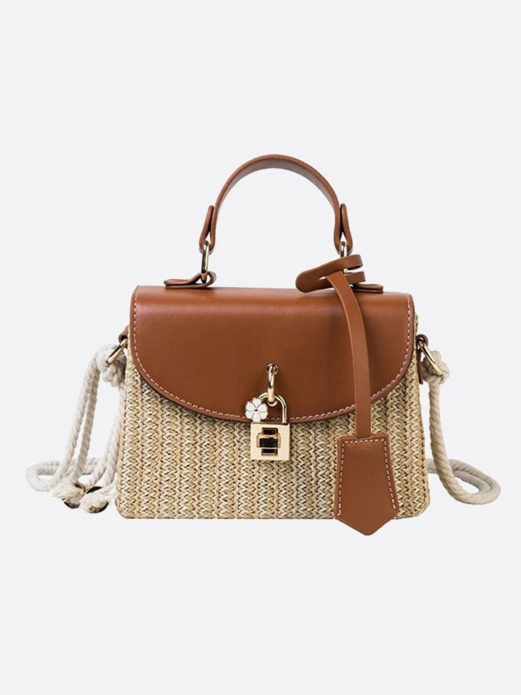 Sac de Paille Femme avec Kaki en Cuir Noir et Bretelle Amovible