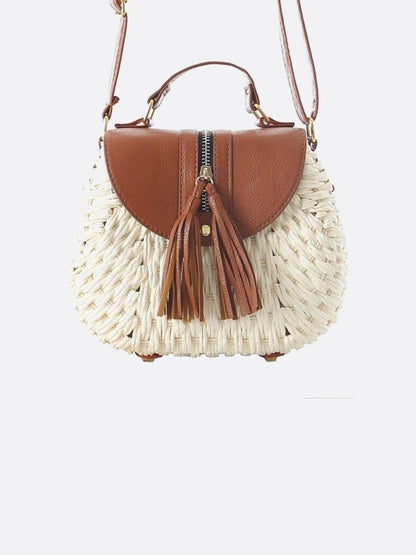 Sac Épaule Tressé avec Biais et Pompoms pour Femme
