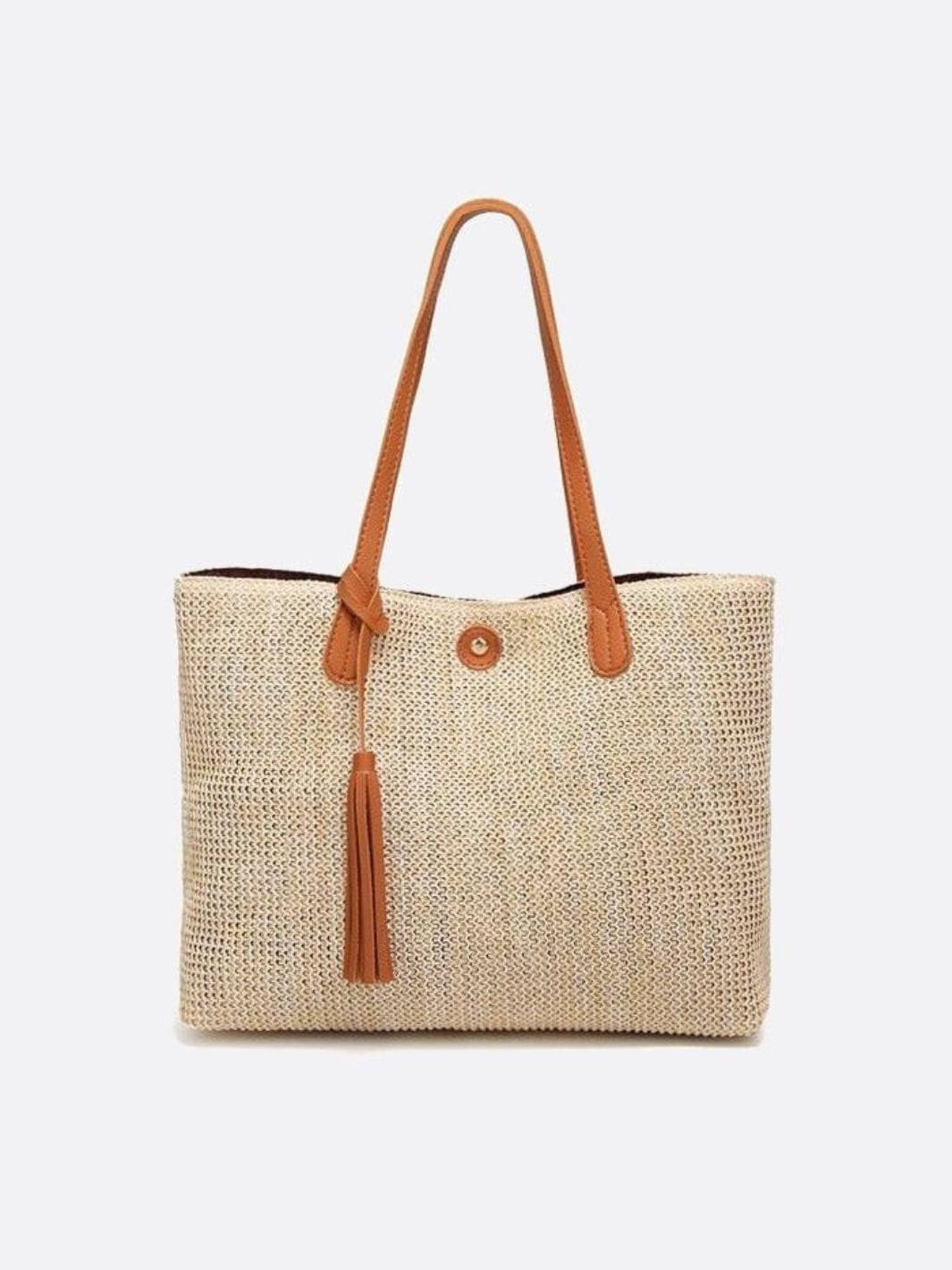 Sac Panier Grande Taille avec Poignées Longues et Pompons - Shopper en Osier pour Été - BerlinGlamour
