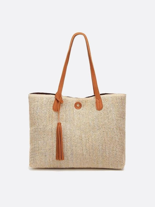 Sac Panier Grande Taille avec Poignées Longues et Pompons - Shopper en Osier pour Été - BerlinGlamour