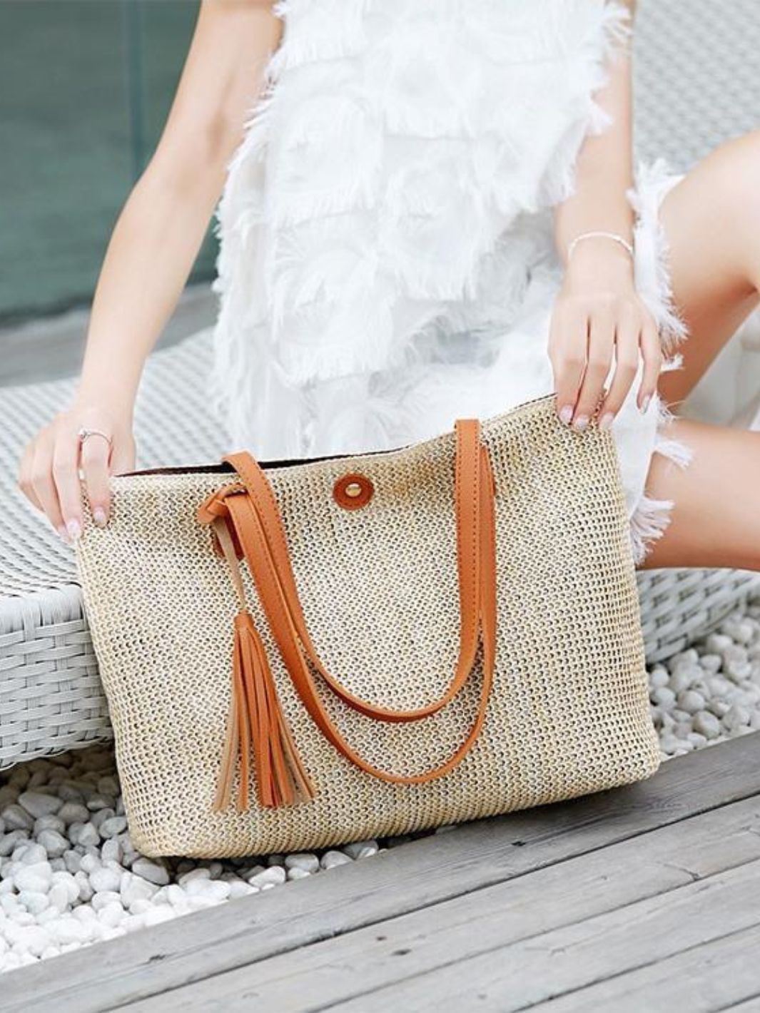 Sac Panier Grande Taille avec Poignées Longues et Pompons - Shopper en Osier pour Été