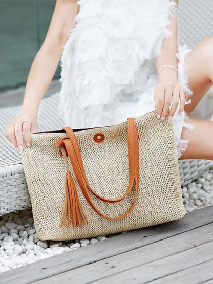 Sac Panier Grande Taille avec Poignées Longues et Pompons - Shopper en Osier pour Été