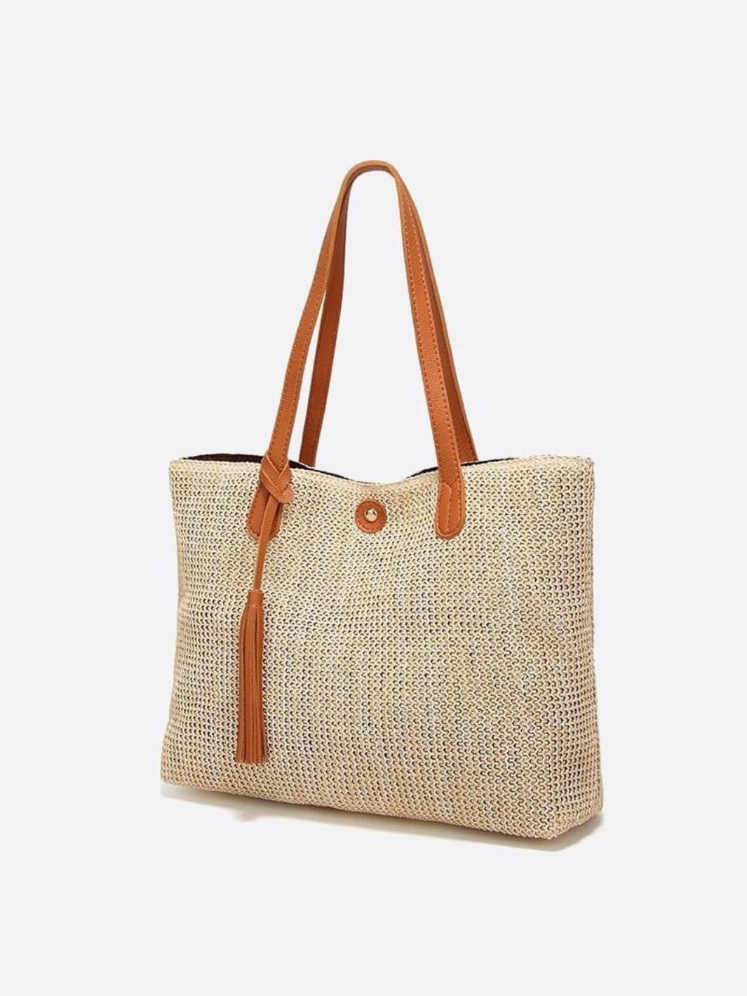 Sac Panier Grande Taille avec Poignées Longues et Pompons - Shopper en Osier pour Été