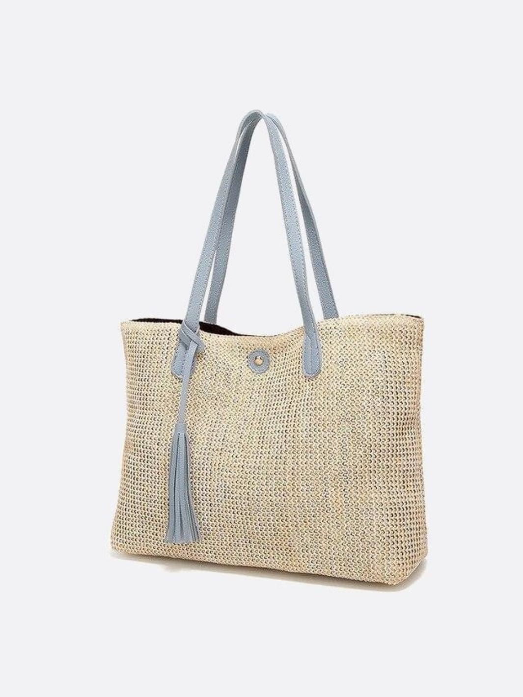 Sac Panier Grande Taille avec Poignées Longues et Pompons - Shopper en Osier pour Été