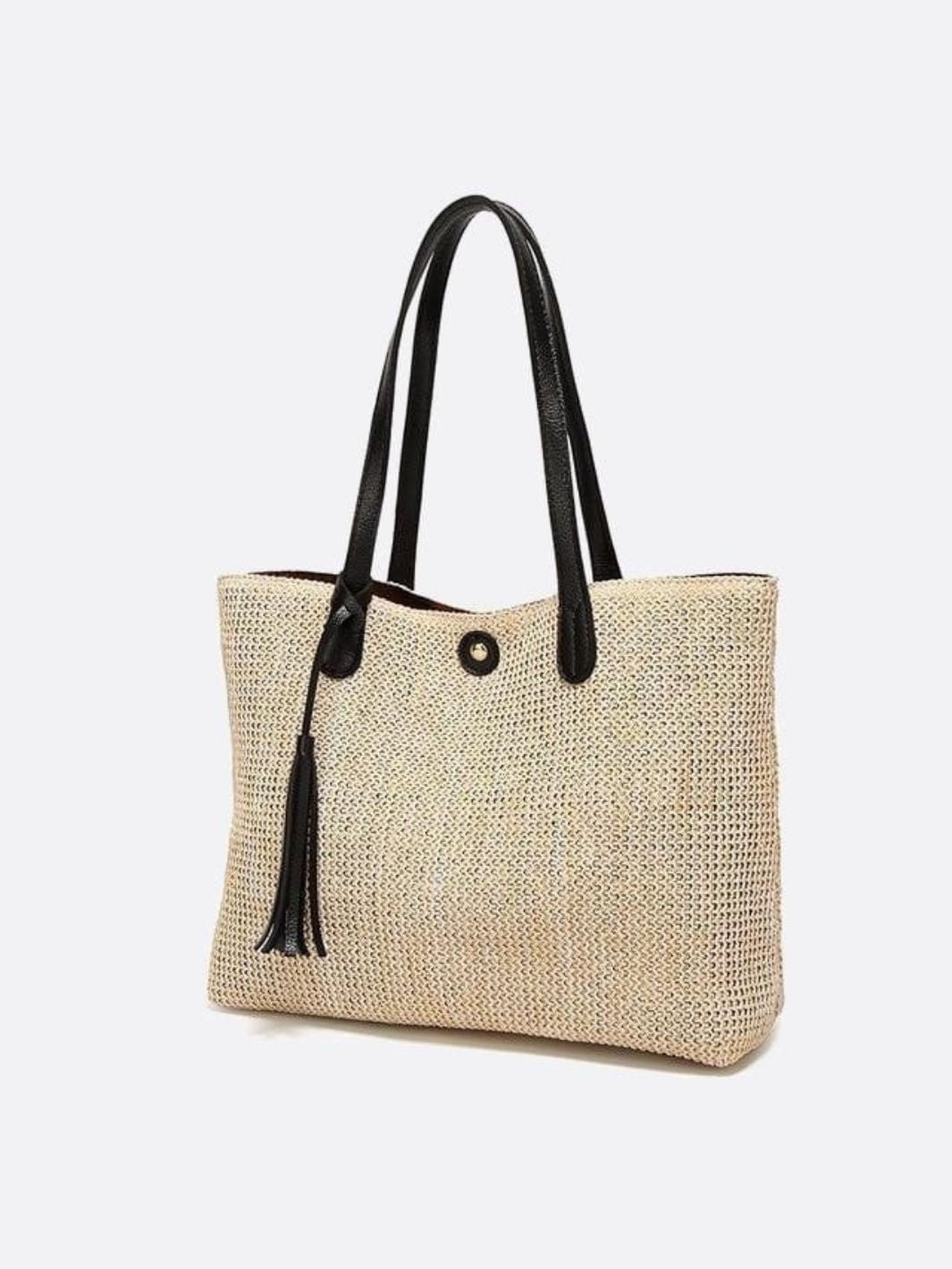 Sac Panier Grande Taille avec Poignées Longues et Pompons - Shopper en Osier pour Été