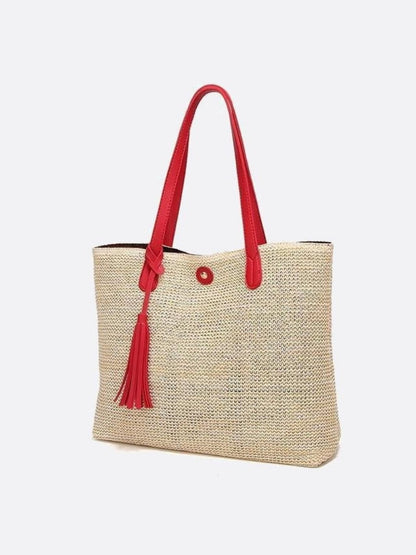 Sac Panier Grande Taille avec Poignées Longues et Pompons - Shopper en Osier pour Été