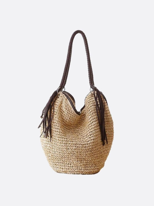 Sac Besace Tressé en Paille avec Franges et Bretelles en Cuir - BerlinGlamour