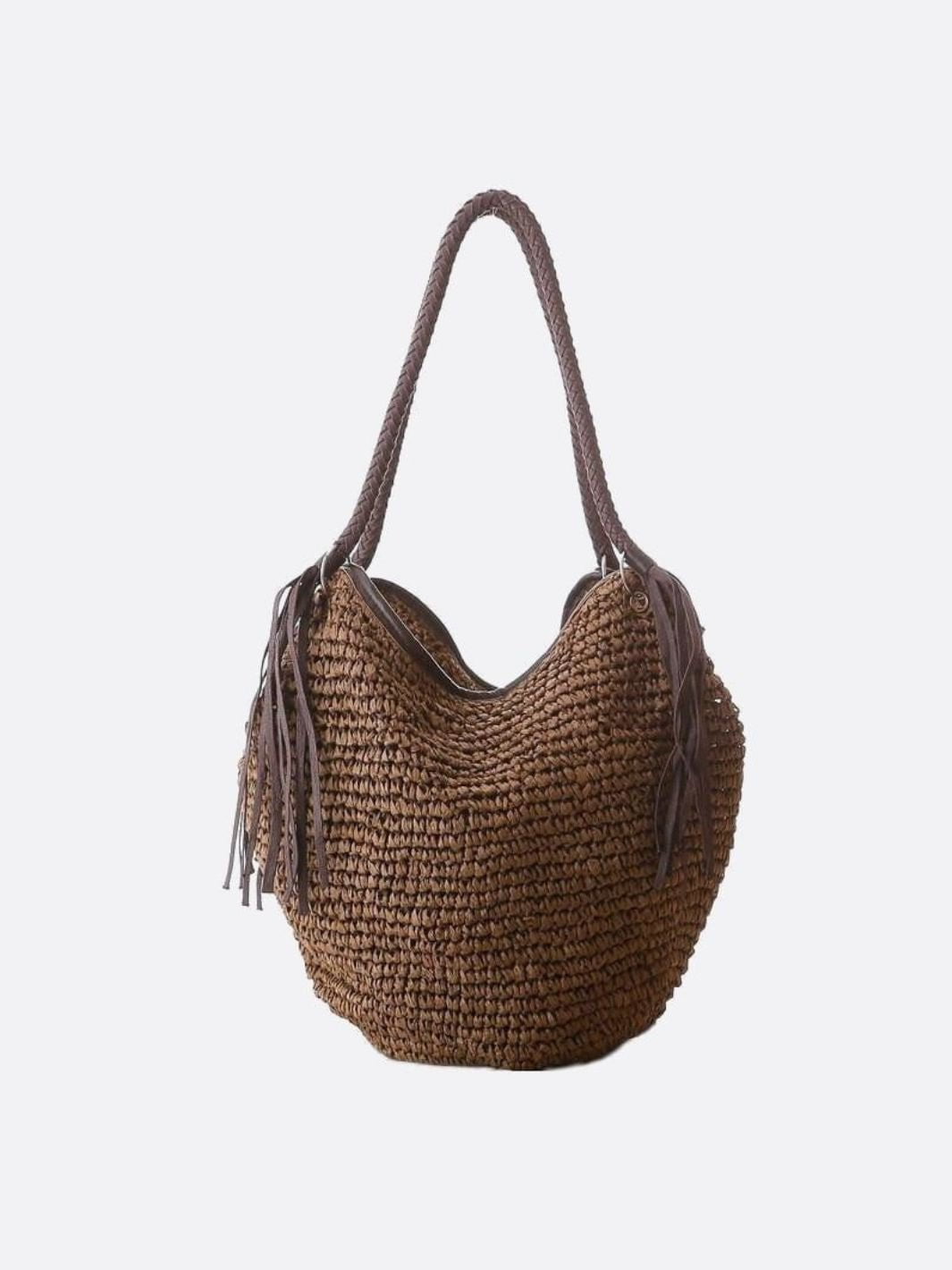 Sac Besace Tressé en Paille avec Franges et Bretelles en Cuir
