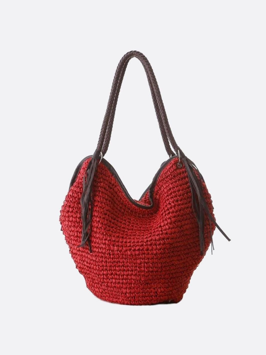 Sac Besace Tressé en Paille avec Franges et Bretelles en Cuir