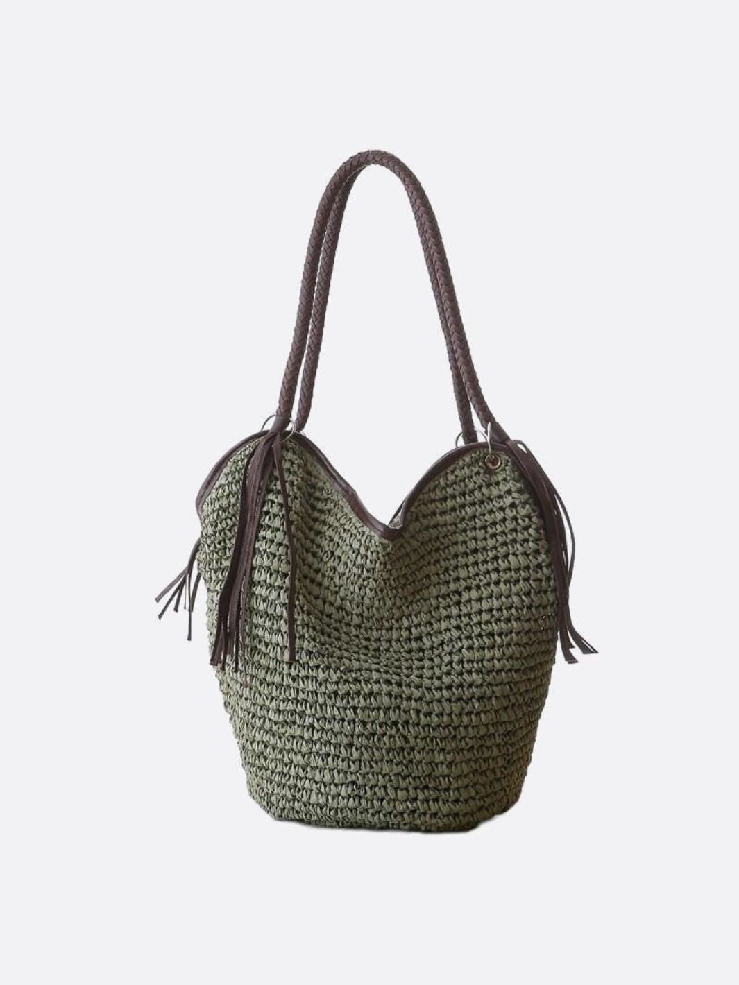 Sac Besace Tressé en Paille avec Franges et Bretelles en Cuir