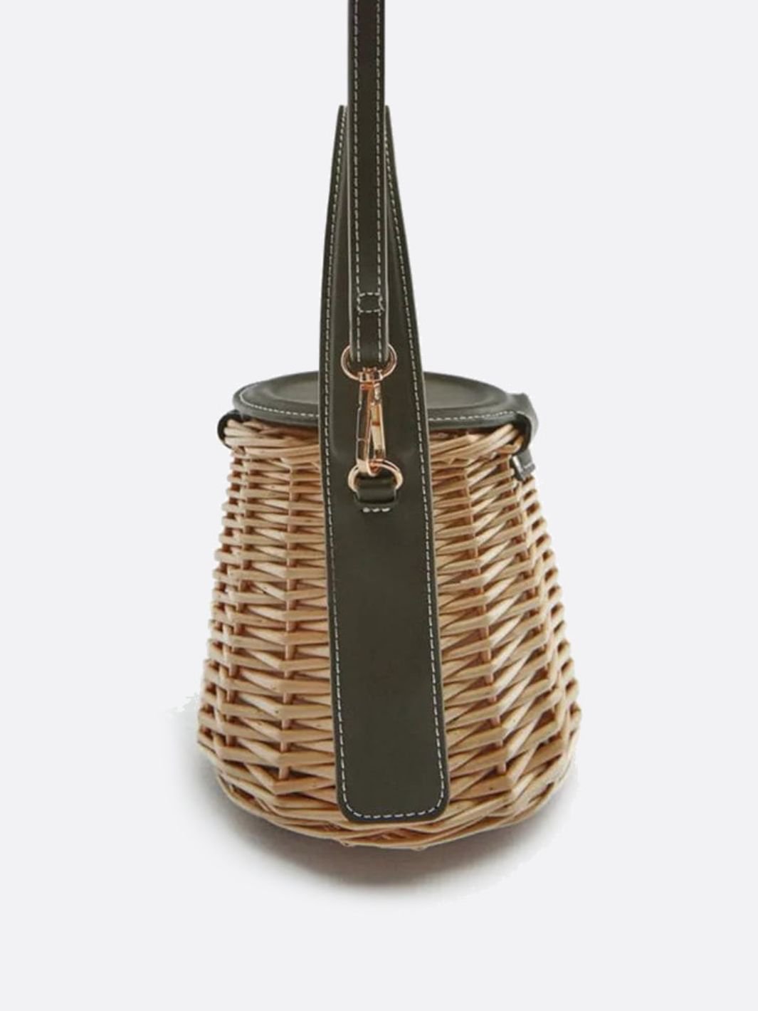 Sac Rond en Rotin avec Poignée Cuir et Bretelle Amovible