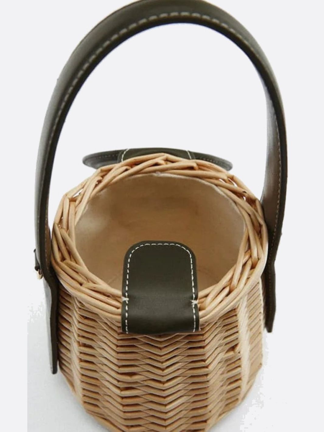 Sac Rond en Rotin avec Poignée Cuir et Bretelle Amovible