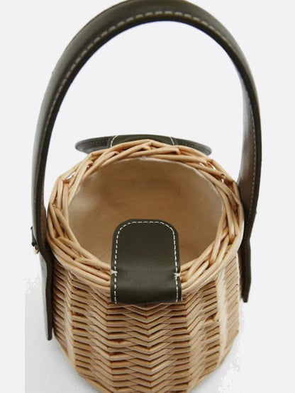 Sac Rond en Rotin avec Poignée Cuir et Bretelle Amovible