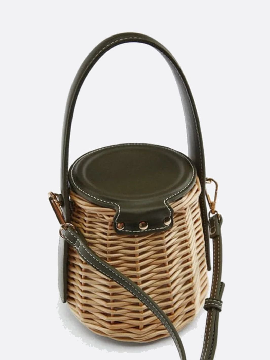 Sac Rond en Rotin avec Poignée Cuir et Bretelle Amovible