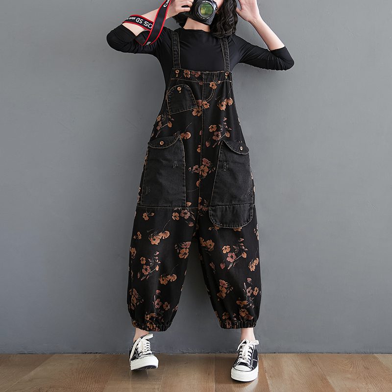 Salopette Femme Noir Florale avec Bretelles et Poches Couture - PanierRoyale