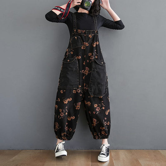Salopette Femme Noir Florale avec Bretelles et Poches Couture - PanierRoyale