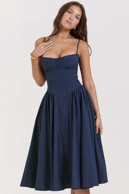 Robe Midi Femme Bretelles Fines Coupe Fluide Manches Sans