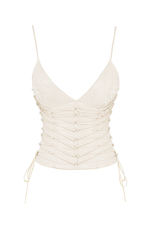 Corset en cuir végétal blanc pour femme avec jupe mi-longue